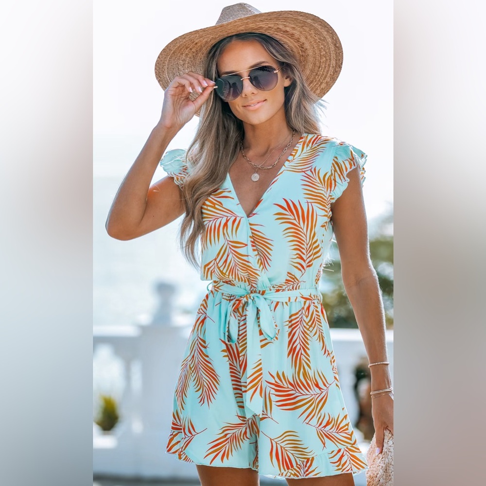 Teal & Orange Tropical Flutter Sleeve Romper L/Mint